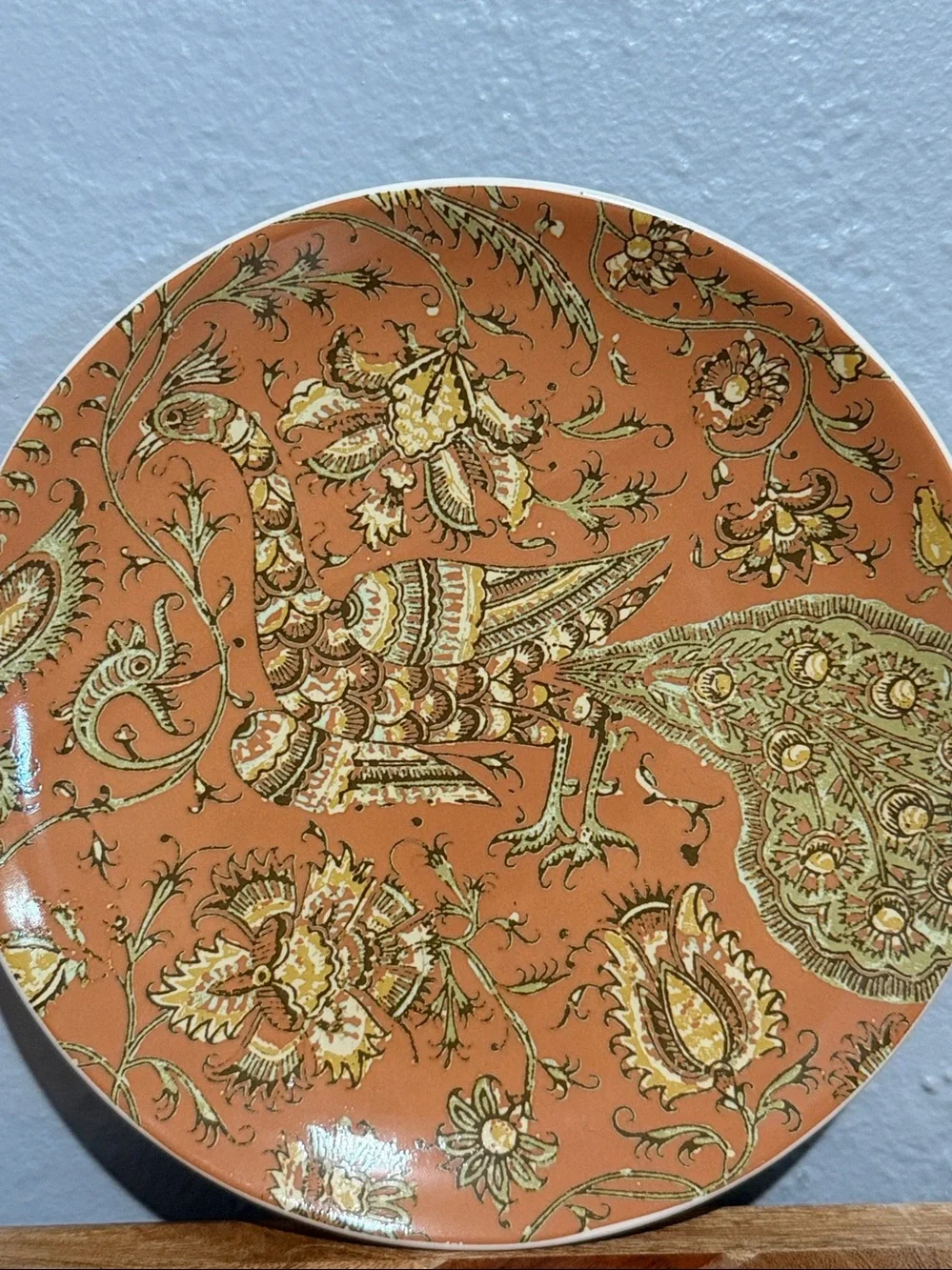 Vintage pottery barn kalamkari Indian print small plate NWOT. Bird floral.